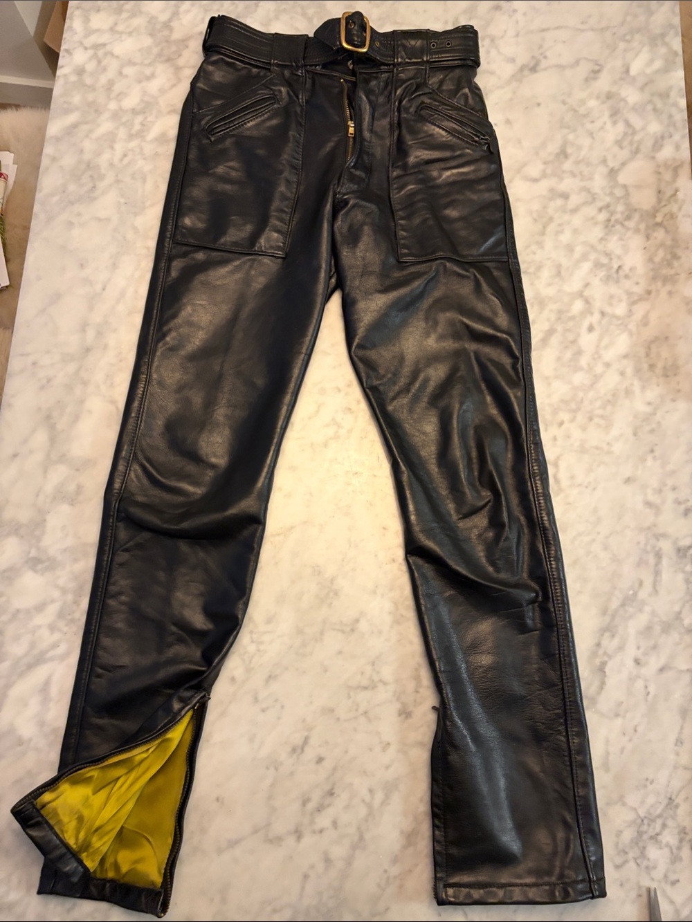 BATES Vtg 60’s 70’s Black Leather Men’s Motorcycle Pants w/ Yellow Lining 30x32